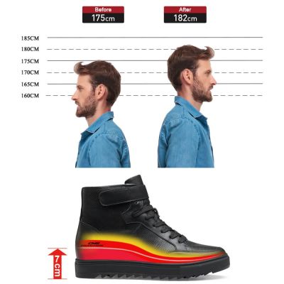 sapato com salto masculino - tênis de couro masculino de cano alto - preto - 7CM mais alto