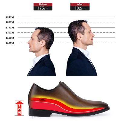 CHAMARIPA Sapatos sociais de elevação para homens - Sapatos de casamento de pele de bezerro marrom - 7CM