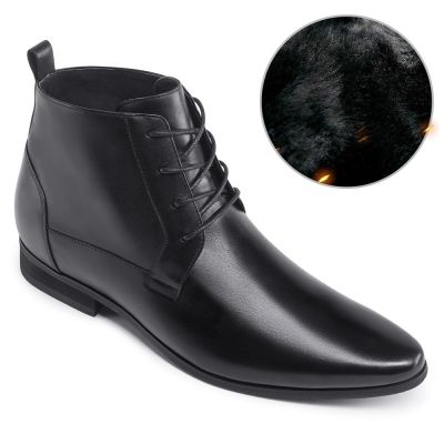 Sapato Social Com Salto Interno - Palmilha Para Ficar Mais Alto - botas elevadoras de couro preto com forro de pele quente 7 CM