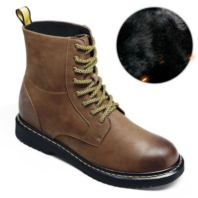 sapato alto masculino - sapato masculino 8 cm mais alto - botas masculinas marrons com cadarço e forro de pele quente