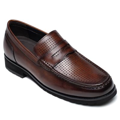 Couro Marrom Mocassins Slip-On - Salto Alto Para Homens Casuais 6 CM