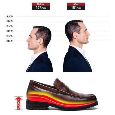 Couro Marrom Mocassins Slip-On - Salto Alto Para Homens Casuais 6 CM