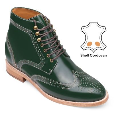 Shell Cordovan Height Increasing Shoes - Green Brogue Tall Men Boots - Men's Handmade Wing Tip Boots 9CM / 3.54 Inches