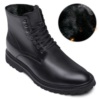 Sapato Alto Masculino - Botas de trabalho com forro de pele para elevador Botas de inverno em couro preto 8 CM