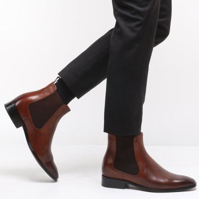 sapato masculino com salto interno 7cm - salto alto para homem - Botas marrons Chelsea - 7CM mais altas