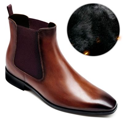 bota masculina com salto interno - Sapatos marrons Chelsea - Botas de inverno quente forradas de pele - 7CM mais alto