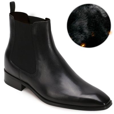 Sapato Alto Masculino - sapatos de inverno quentes de veludo - botas Chelsea de couro preto - 7CM