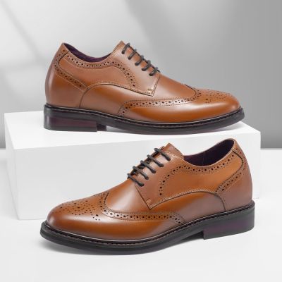 Sapato Masculino Com Salto - Palmilha Para Aumentar Altura - brogues derby de couro marrom pátina 6 CM