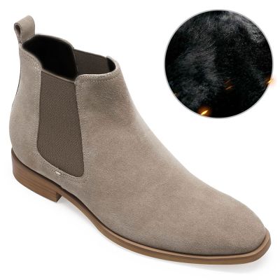 Sapatos de inverno quente de veludo - Sapatos Masculinos Com Salto - Botas de camurça cáqui - 7CM mais altas