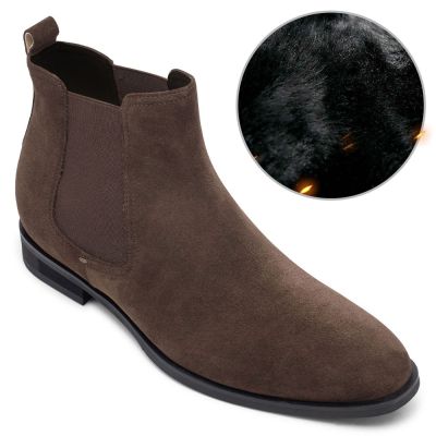 Botas de inverno com forro de pele - sapatos chukka de couro de camurça marrom - 7CM mais alto