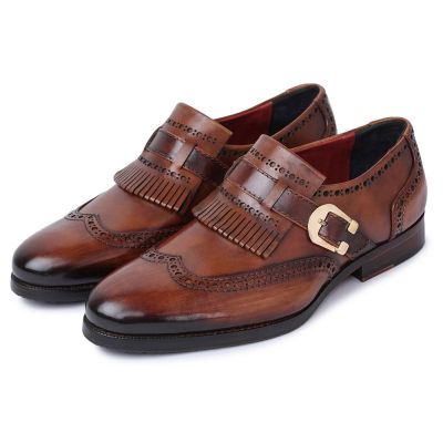 sapato social masculino salto - brogue ponta da asa cinta monge kiltie - marrom - 7CM mais alto