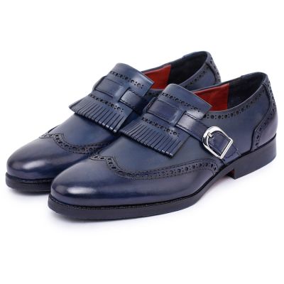 CHAMARIPA aumentar estatura zapatos - correa de monje kiltie brogue con punta de ala - azul marino - 7CM más alto