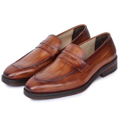 sapato de salto para homem - Palmilha Para Ficar Mais Alto ​- mocassins artesanais - Tan - 7CM mais alt