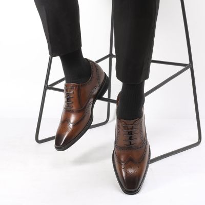 sapato social masculino com salto interno - sapato alto para homem - sapatos oxford de couro marrom premium - 8CM mais alto