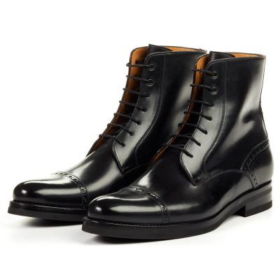 bota salto alto masculina - Botas de couro preto com cordões para homem 7 CM