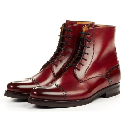 bota salto alto masculina - Botas masculinas de couro vermelho vinho 7 CM