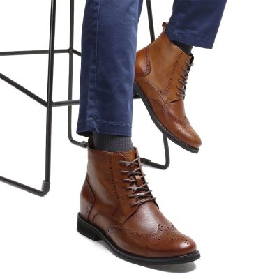 sapato masculino com salto interno 7CM - tenis aumenta altura - botas de couro marrom - 7CM mais altas