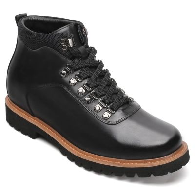 sapato masculino 8CM mais alto - salto alto masculino - Botas de couro preto com cordões - 8CM mais altas