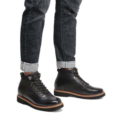 sapato masculino 8CM mais alto - salto alto masculino - Botas de couro preto com cordões - 8CM mais altas