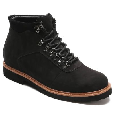 bota masculina com salto interno - salto para sapato masculino - Botas impermeáveis de couro nobuck preto - 8CM mais altas