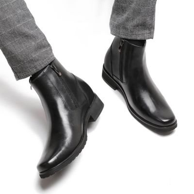 tenis com salto masculino - sapato de couro preto com zíper lateral - Botas de inverno forradas de pele - 8CM mais alto