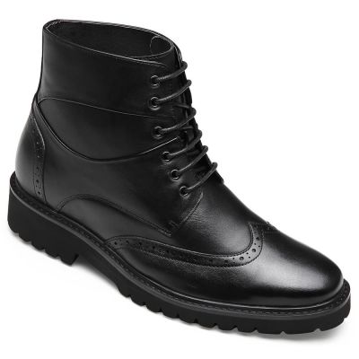 bota masculina com salto interno - sapato com salto interno - Botas de couro preto com ponta de asa - 7CM mais altas