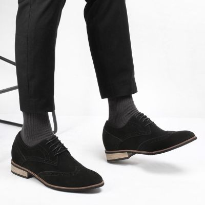 sapato masculino 8CM mais alto - sapato social com salto masculino - Sapatilhas de ponta de asa de camurça preta - 8CM mais alto