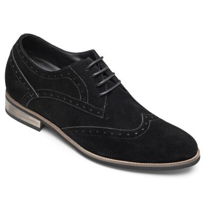 sapato masculino 8CM mais alto - sapato social com salto masculino - Sapatilhas de ponta de asa de camurça preta - 8CM mais alto