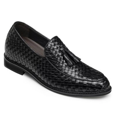 sapato com salto masculino - sapatos masculinos altos - mocassins de couro tecido preto - 8CM mais alto