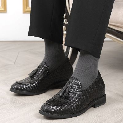 sapato com salto masculino - sapatos masculinos altos - mocassins de couro tecido preto - 8CM mais alto