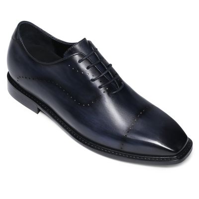 sapato masculino com salto - sapato salto interno - oxfords de couro pintado à mão - azul - 6CM mais alto