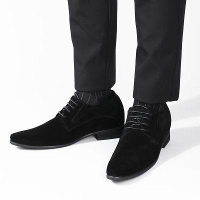 Sapato Social Masculino Com Salto - Sapato 8 Cm Mais Alto Masculino - Sapatos Oxford Formais Masculinos em Camurça Preta - Você +8cm Alto