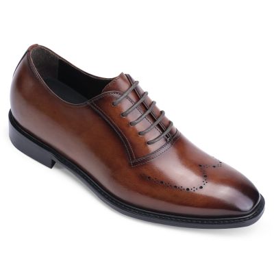 sapatos altos masculinos - homens oxfords de couro pintados à mão - marrom - 7CM mais alt