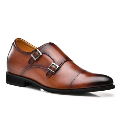 sapato social masculino com salto - sapato salto masculino - sapatos de monge de couro de bezerro marrom - 7CM mais alto