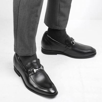 sapato social masculino com salto - salto alto para homem - Sapatos deslizantes de couro preto com mocassins - 7CM mais alto