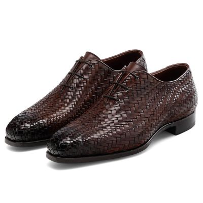 sapato masculino com salto - sapato masculino salto - Sapatos sociais marrons tecidos superiores Oxford - 7CM mais alto