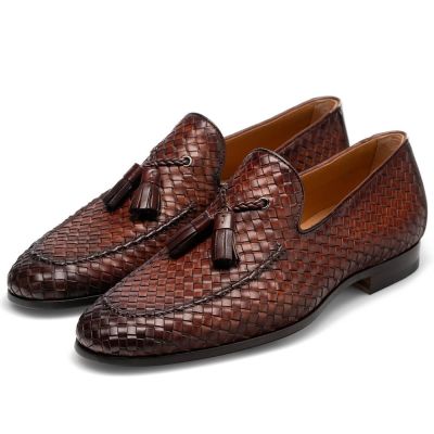 sapato masculino com salto - Sapatos sociais marrons tecidos à mão com borla em couro - 7CM mais alto