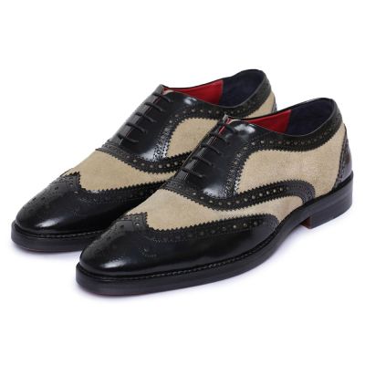 sapato masculino com salto - homens de salto alto - brogue preto e camurça wingtip artesanal oxfords 7 CM