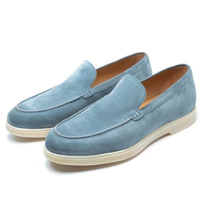 Sapatenis Masculino Com Salto - Sapato Com Salto Interno - Mocassins De Couro Camurça Azul Claro 5 CM