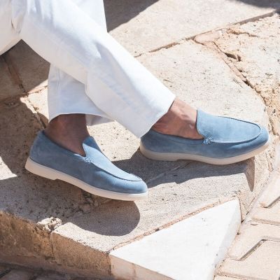 Sapatenis Masculino Com Salto - Sapato Com Salto Interno - Mocassins De Couro Camurça Azul Claro 5 CM