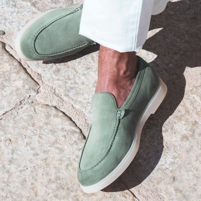 Sapato Masculino Salto Alto - Sapato Com Salto Interno - Mocassins De Camurça Verde Claro 5 CM