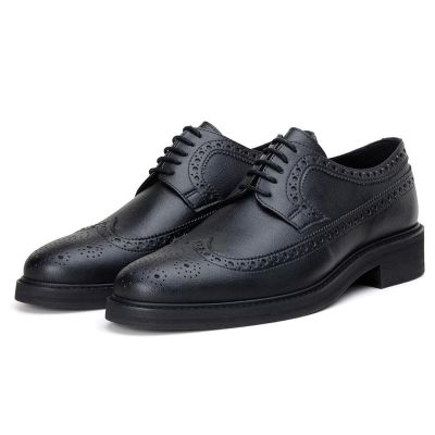 Vegan Elevator Brogues For Men - Black Height Increasing Dress Shoes 7 CM / 2.76 Inches