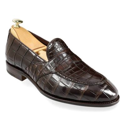 Sapato Masculino Com Salto - Mocassins Artesanais De Jacaré Castanho Com Alça Completa 6 CM