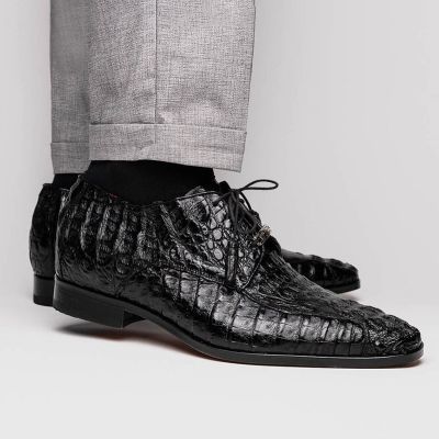 Sapato Social Com Salto Interno Masculino - Sapatos Derby de Crocodilo Exótico Preto Feitos à Mão 7CM