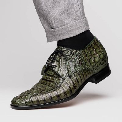 Sapato Social Com Salto Interno Masculino - Sapatos Derby de Crocodilo Exótico Verde 7CM