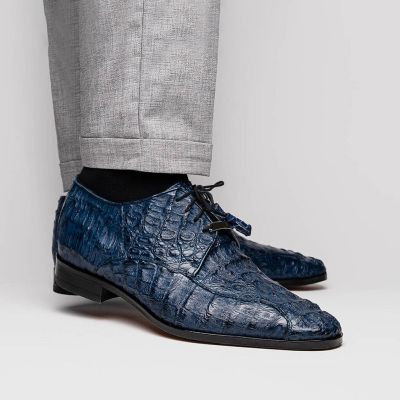 Sapato Social Com Salto Interno Masculino - Sapatos Derby De Crocodilo Exótico Marinho 7CM