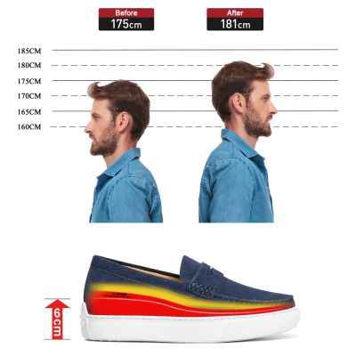 Sapato Masculino Salto Alto - Sapato Com Salto Interno - Mocassins Casuais De Negócios Em Couro Camurça Azul 6 CM 