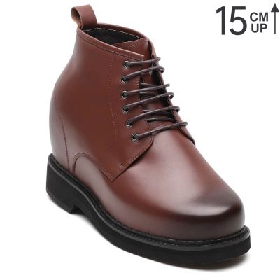 salto alto masculino - sapato social masculino com salto - Sapatos Casuais Empresariais de Couro Marrom Escuro - 15CM mais alto