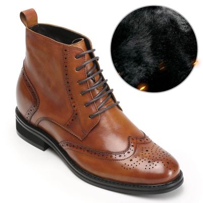 sapato masculino com salto interno 7CM - botas marrons - botas de inverno forradas de pele - 7CM mais alto