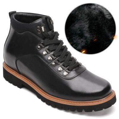 tenis masculino com salto - Botas de couro preto com cordões - Botas de inverno forradas de pele - 8CM mais altas